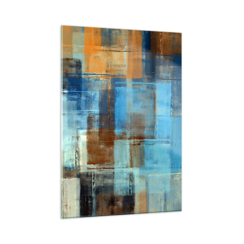 Glasbild - Bild auf glas - Abstrakte geometrische Komposition in Blau- und Brauntönen - 50x70cm - Durch den blauen Schleier - Moderne Wanddekoration für Wohnzimmer und Schlafzimmer ARTTOR