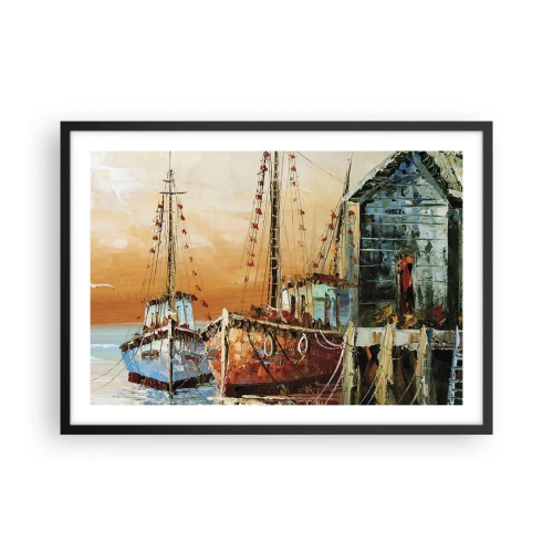 Poster in einem schwarzem Rahmen - Boote am Ufer im warmen Licht des Sonnenuntergangs - 70x50cm - Friedliche Rückkehr - Moderne Wanddekoration für Wohnzimmer und Schlafzimmer ARTTOR