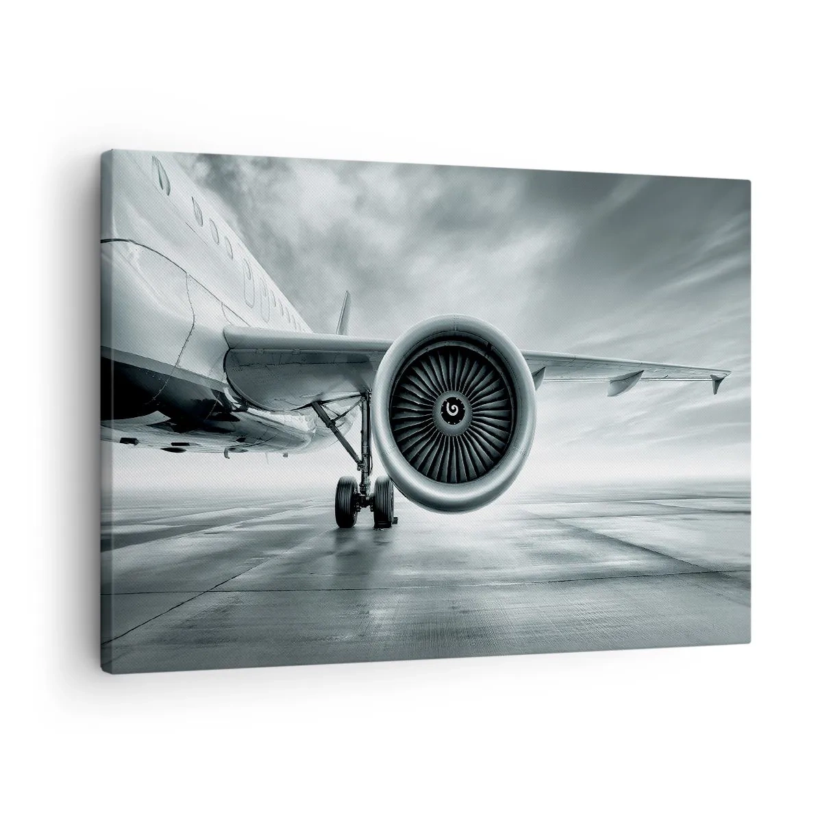 Bild auf Leinwand - Leinwandbild - Das Düsentriebwerk eines Flugzeugs auf dem Rollfeld - 70x50cm - Die Macht ist da! - Moderne Wanddekoration für Wohnzimmer und Schlafzimmer ARTTOR