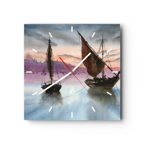 Wanduhr - Glasuhr - Zwei Segelschiffe liegen in der Abenddämmerung auf ruhigem Wasser vor Anker - 30x30cm - Abend am Hafen - Moderne Wanddekoration für Wohnzimmer und Schlafzimmer ARTTOR