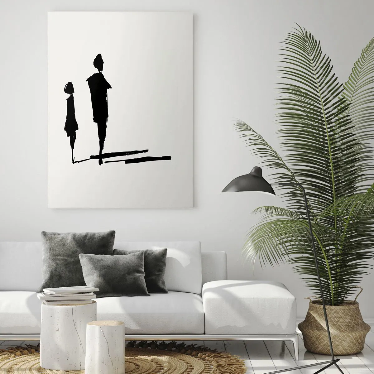 Glasbild - Bild auf glas - Schwarze Silhouetten zweier Figuren mit Schatten auf hellem Hintergrund - 50x70cm - Mit Sicherheit zusammen? - Moderne Wanddekoration für Wohnzimmer und Schlafzimmer ARTTOR