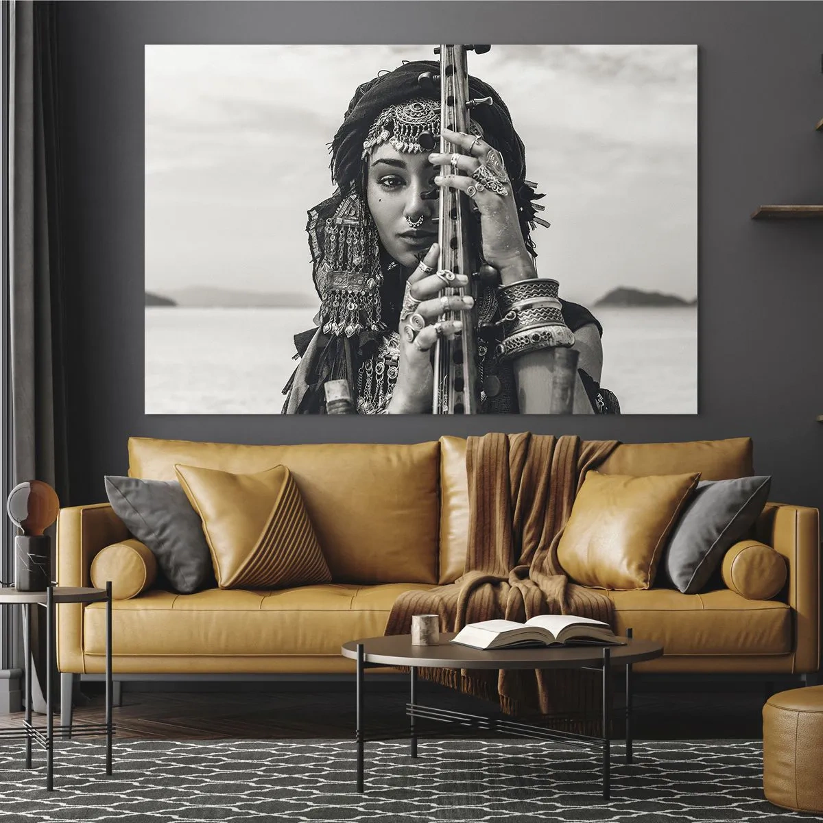 Glasbild - Bild auf glas - Frau mit orientalischem Schmuck und einem Instrument - 120x80cm - Die Musik des Orients selbst - Moderne Wanddekoration für Wohnzimmer und Schlafzimmer ARTTOR