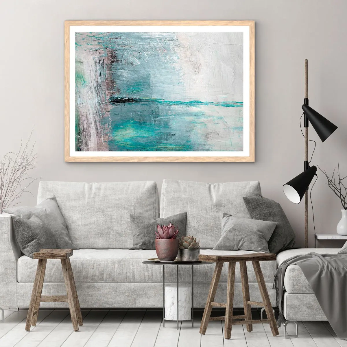 Poster in einem Rahmen aus heller Eiche - Horizontal in Blau - 100x70 cm