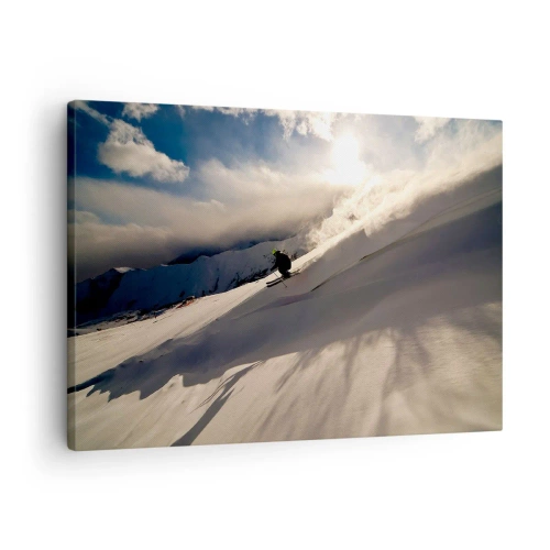 Bild auf Leinwand - Leinwandbild - Ein Skifahrer auf einer Piste, umgeben von Bergen und Schnee - 70x50cm - Bergherausforderung angenommen - Moderne Wanddekoration für Wohnzimmer und Schlafzimmer ARTTOR