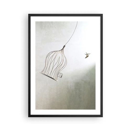 Poster in einem schwarzem Rahmen - Ein Vogel, der seinen Käfig im minimalistischen Stil verlässt. - 50x70cm - In seinem Element - Moderne Wanddekoration für Wohnzimmer und Schlafzimmer ARTTOR