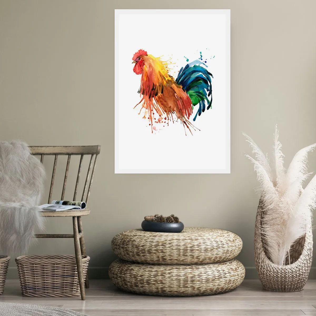 Poster - Bunter Hahn im Aquarellstil - 50x70cm - Königliches Gewand, königlicher Stolz - Moderne Wanddekoration für Wohnzimmer und Schlafzimmer ARTTOR