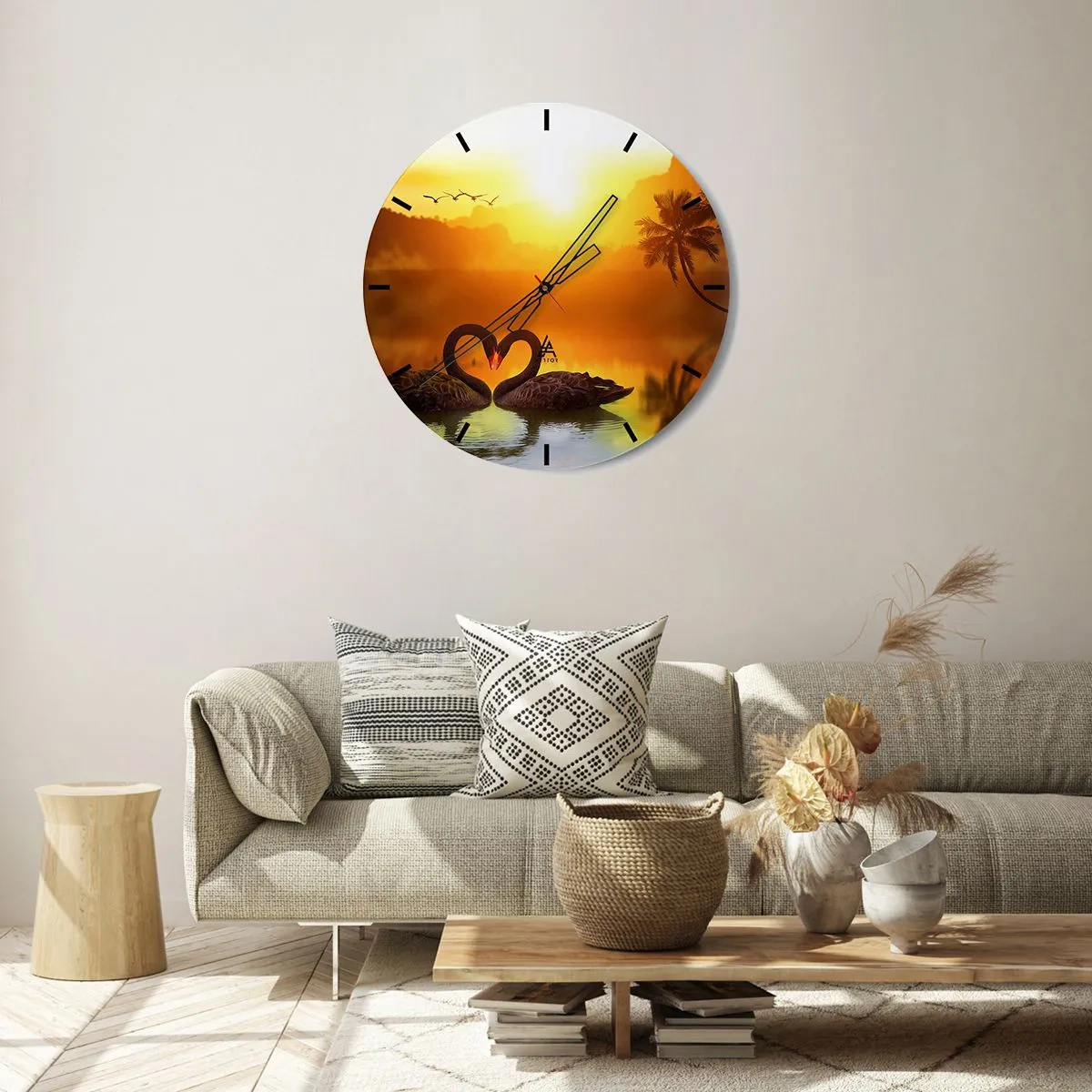 Wanduhr - Glasuhr - Zwei schwarze Schwäne auf einem See bei Sonnenuntergang - 30x30cm - Alles passt zusammen - Moderne Wanddekoration für Wohnzimmer, Küche und Schlafzimmer ARTTOR
