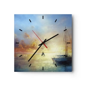 Wanduhr - Glasuhr - Eine Yacht auf ruhigem Meer bei Sonnenuntergang - 30x30cm - In einer goldenen Bucht - Moderne Wanddekoration für Wohnzimmer und Schlafzimmer ARTTOR