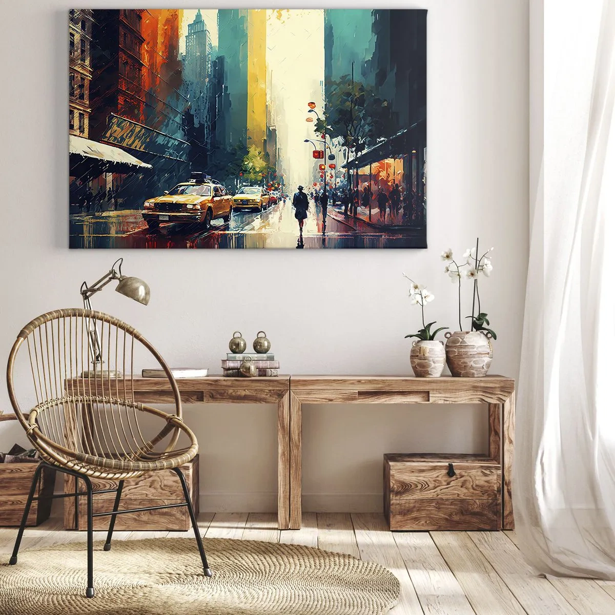 Bild auf Leinwand - Leinwandbild - Eine geschäftige Stadt mit Taxis und Passanten - 120x80cm - New York – selbst der Regen ist hier bunt - Moderne Wanddekoration für Wohnzimmer und Schlafzimmer ARTTOR