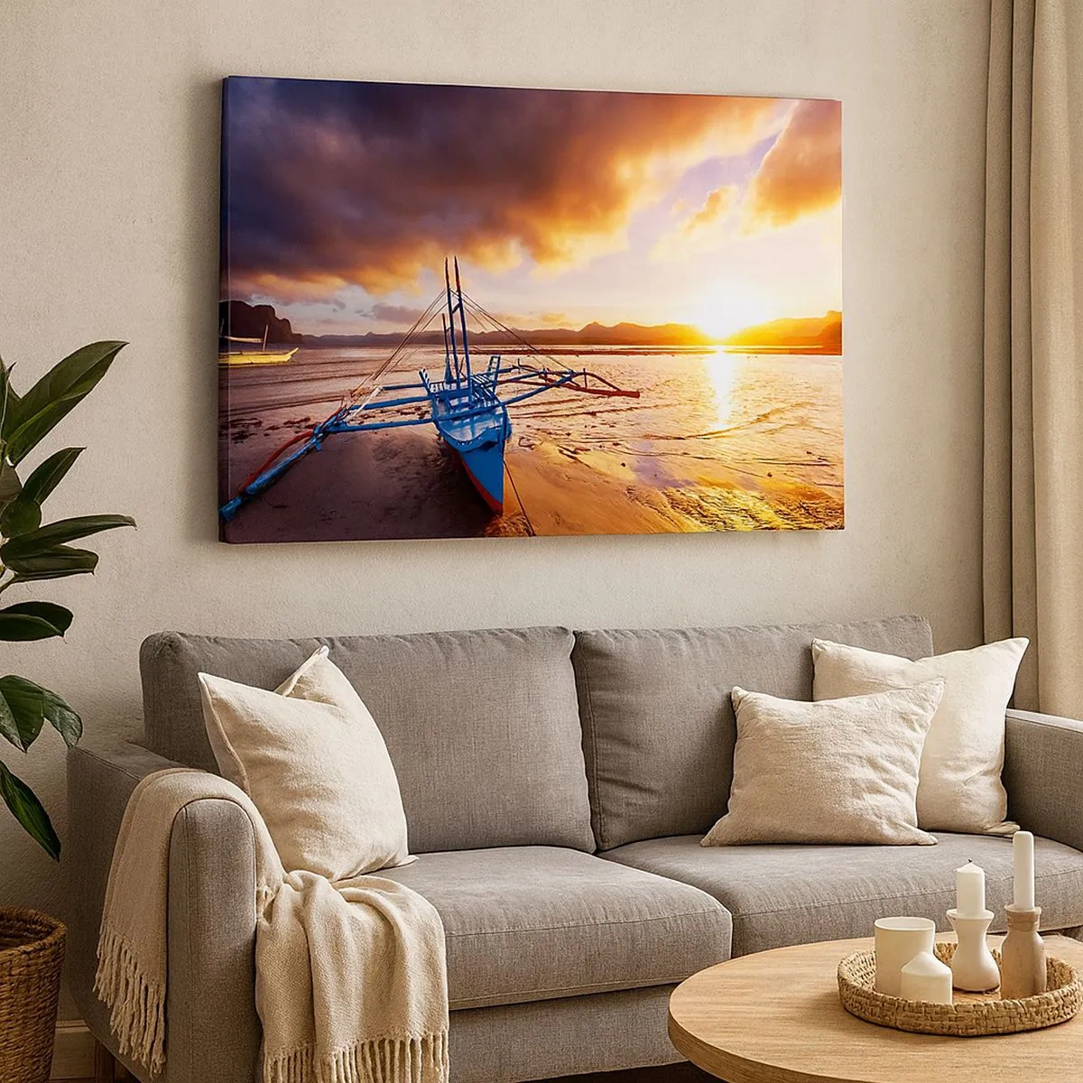 Bild auf Leinwand - Leinwandbild - Blaues Boot am Strand bei Sonnenuntergang - 70x50cm - Nach einem Tag sich im Sand ausstrecken - Moderne Wanddekoration für Wohnzimmer und Schlafzimmer ARTTOR