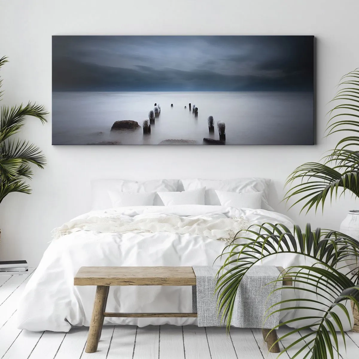 Bild auf Leinwand - Leinwandbild - Der alte Pier vor der Kulisse eines ruhigen Meeres - 160x50cm - Nachdenklicher See - Moderne Wanddekoration für Wohnzimmer und Schlafzimmer ARTTOR