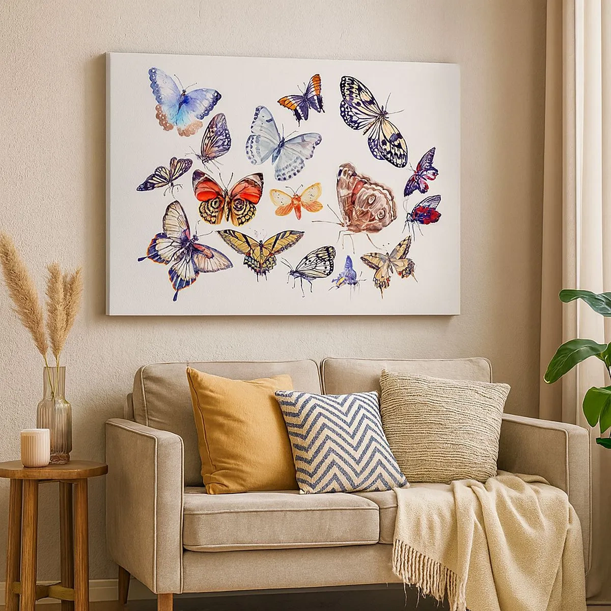 Bild auf Leinwand - Leinwandbild - Bunte Schmetterlinge auf weißem Hintergrund - 70x50cm - Spitzen, bunter Schwarm - Moderne Wanddekoration für Wohnzimmer und Schlafzimmer ARTTOR