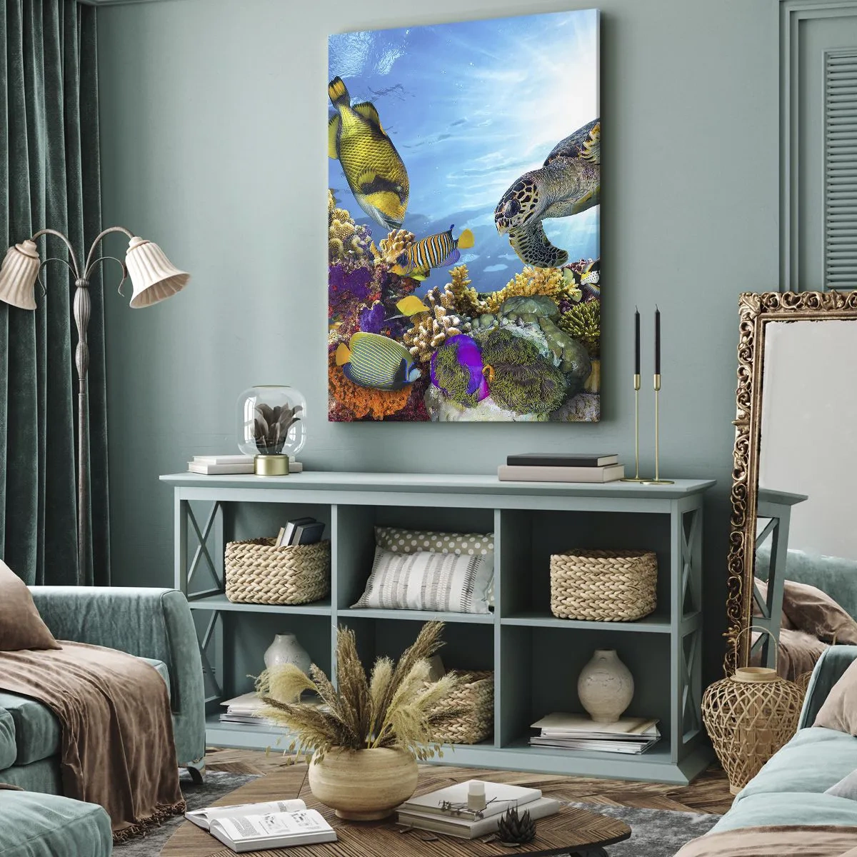 Bild auf Leinwand - Leinwandbild - Unterwasserwelt mit bunten Fischen und einer Schildkröte in den Korallen - 50x70cm - Korallenpromenade - Moderne Wanddekoration für Wohnzimmer und Schlafzimmer ARTTOR