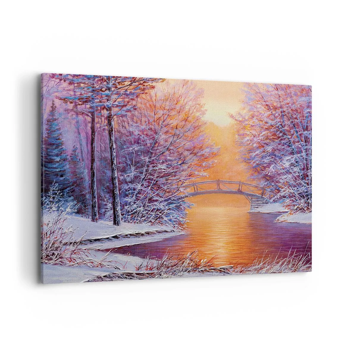 Bild auf Leinwand - Leinwandbild - Winterlandschaft mit Brücke und Sonnenuntergang - 120x80cm - Treffen wir uns hier - Moderne Wanddekoration für Wohnzimmer und Schlafzimmer ARTTOR