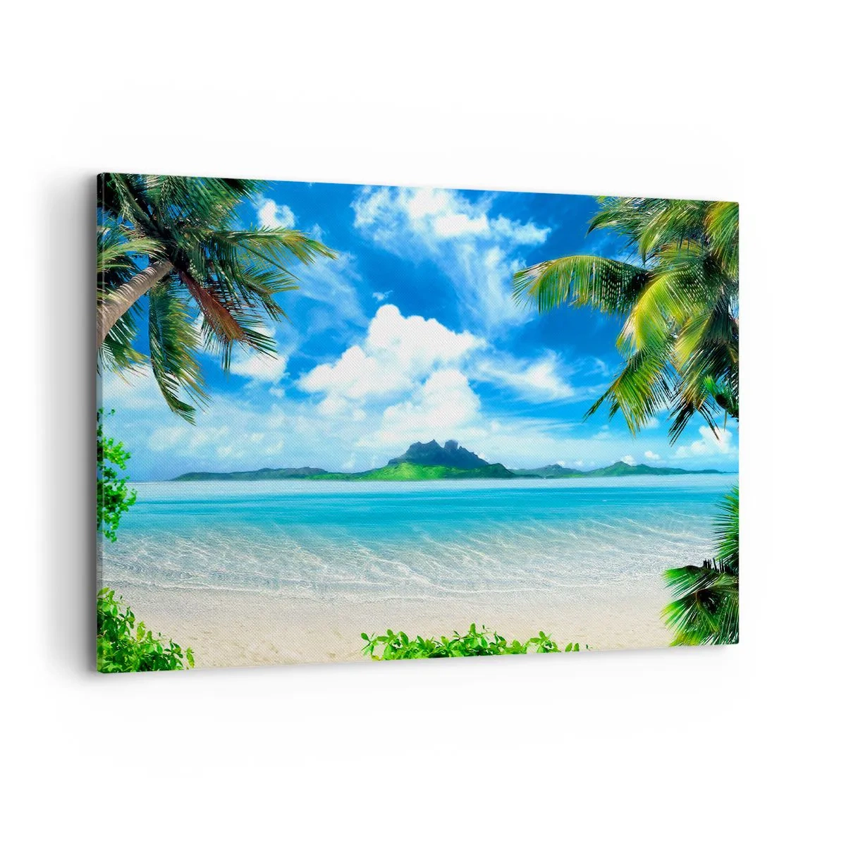 Bild auf Leinwand - Leinwandbild - Tropischer Strand mit Palmen und Blick auf die Insel - 100x70cm - Das Azurblau der Tropen - Moderne Wanddekoration für Wohnzimmer und Schlafzimmer ARTTOR