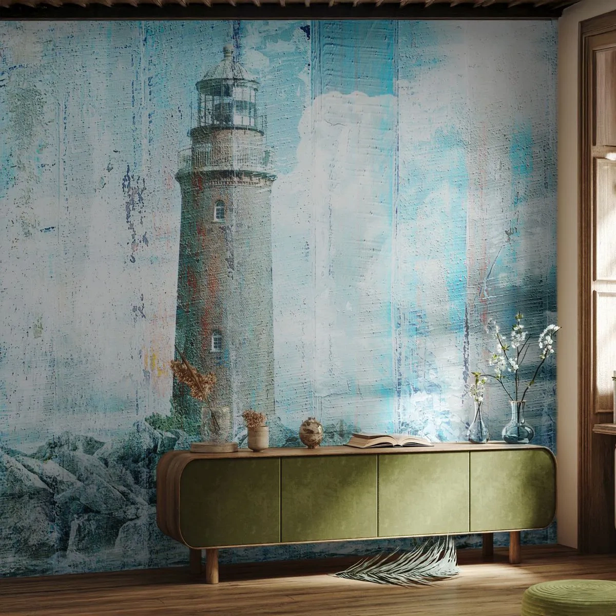 Fototapete Standard Eco - Auf altem Holz - Abstraktion, Leuchtturm, Meer - 150x105 cm