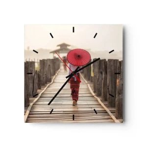 Wanduhr - Glasuhr - Eine Frau mit einem roten Regenschirm auf einer Holzbrücke - 30x30cm - Auf der alten Brücke - Moderne Wanddekoration für Wohnzimmer und Schlafzimmer ARTTOR