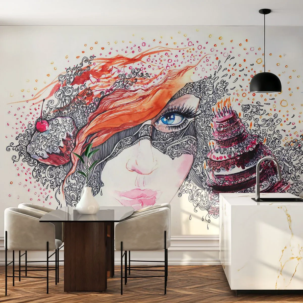 Fototapete Premium Canvas - Bei ihr ist jeden Tag Feiertag - Abstraktion, Das Gesicht einer Frau, Kuchen - 400x280 cm