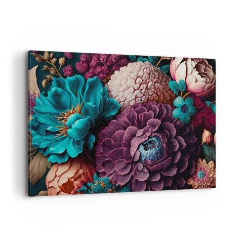 Bild auf Leinwand - Leinwandbild - Ein Blumenstrauß in intensiven Farben auf dunklem Hintergrund - 100x70cm - Natur in Hülle und Fülle - Moderne Wanddekoration für Wohnzimmer und Schlafzimmer ARTTOR