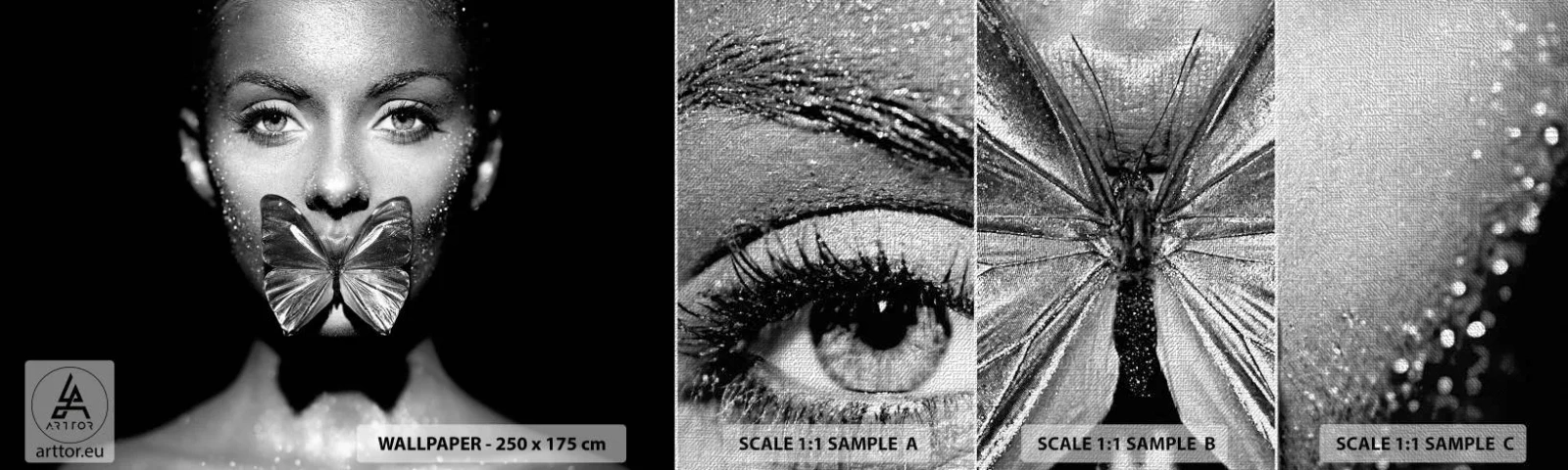 Fototapeten Muster Premium Canvas - Schmetterlingskuss - Abstraktion, Frau, Schmetterling - 100x30 cm