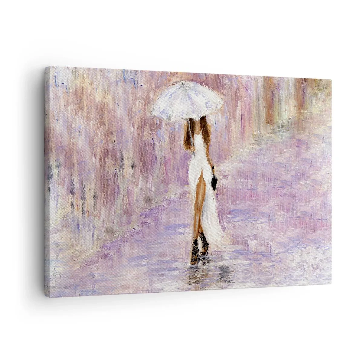 Bild auf Leinwand - Leinwandbild - Eine Frau mit einem Regenschirm, die im Regen in Fliedertönen läuft - 70x50cm - Im lila Regen - Moderne Wanddekoration für Wohnzimmer und Schlafzimmer ARTTOR