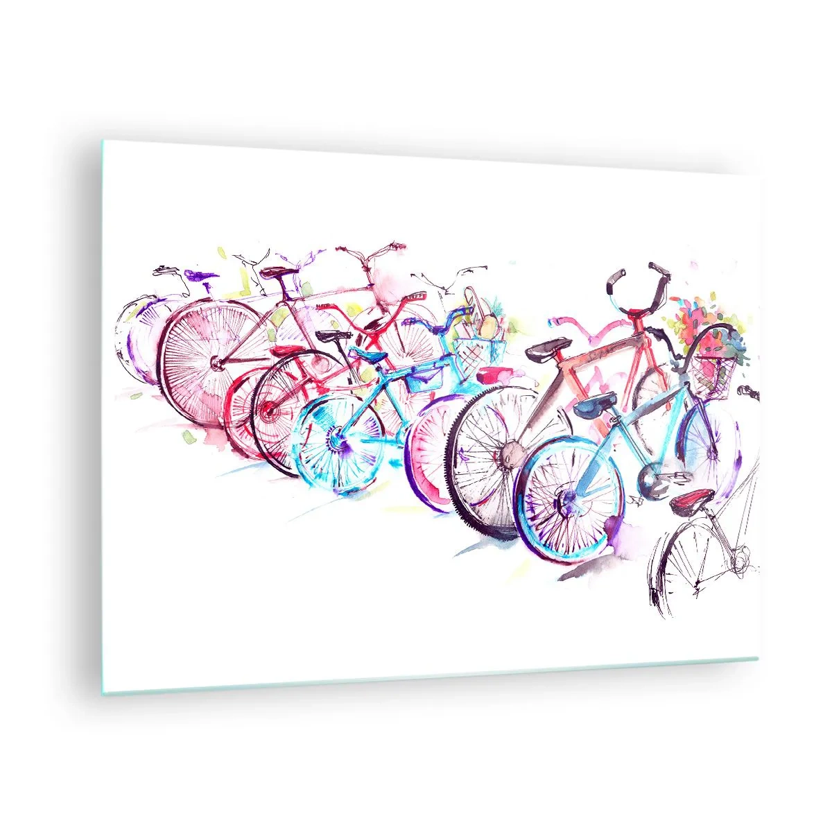 Glasbild - Bild auf glas - Bunte Fahrräder im Aquarellstil - 70x50cm - Kongress des Antimoto-Clubs - Moderne Wanddekoration für Wohnzimmer und Schlafzimmer ARTTOR