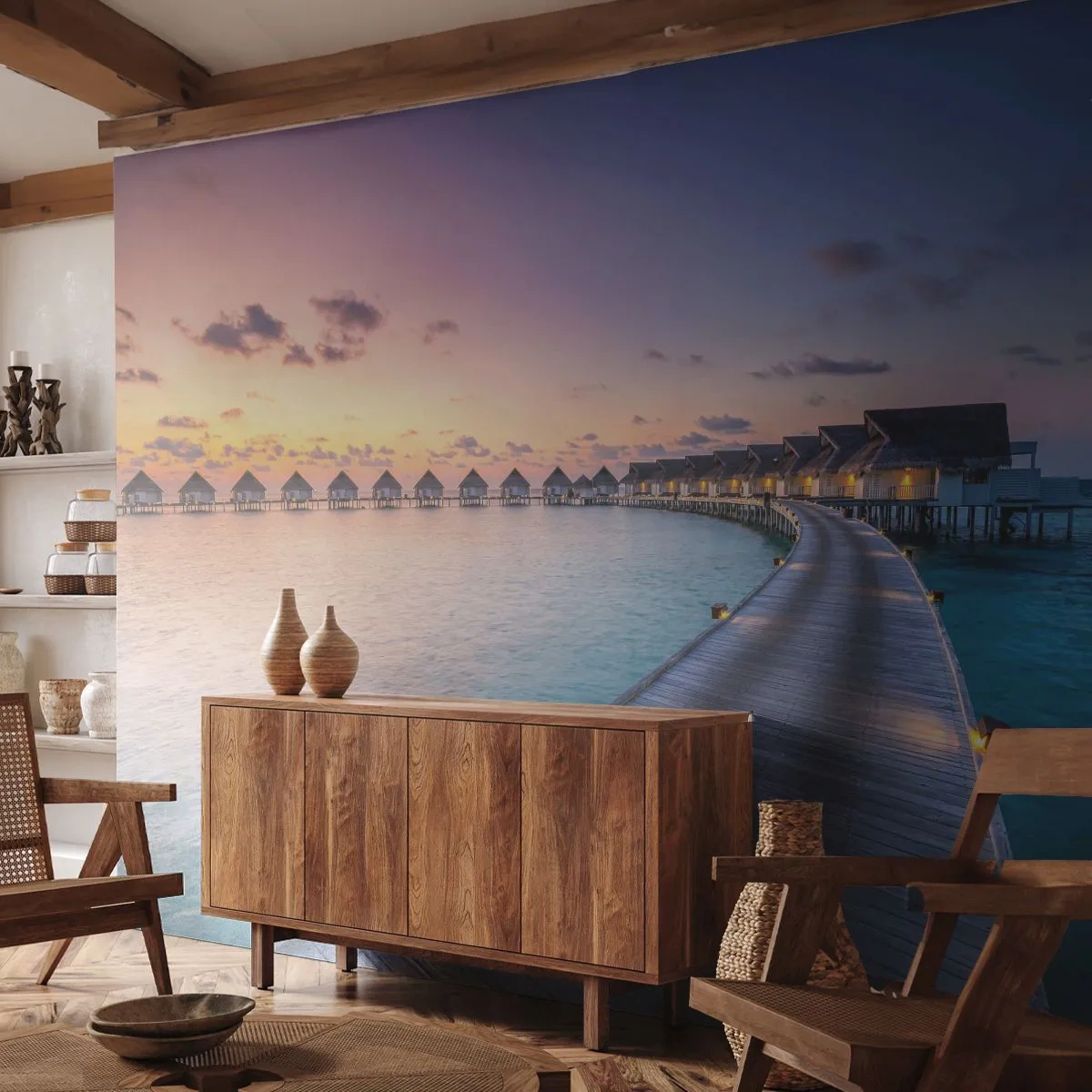 Fototapete Premium Sand - Ein Holzsteg mit tropischen Wasserhäusern im Hintergrund - 100x70cm - Urlaub - zurück zu den Quellen - Moderne Wanddekoration für Wohnzimmer und Schlafzimmer ARTTOR