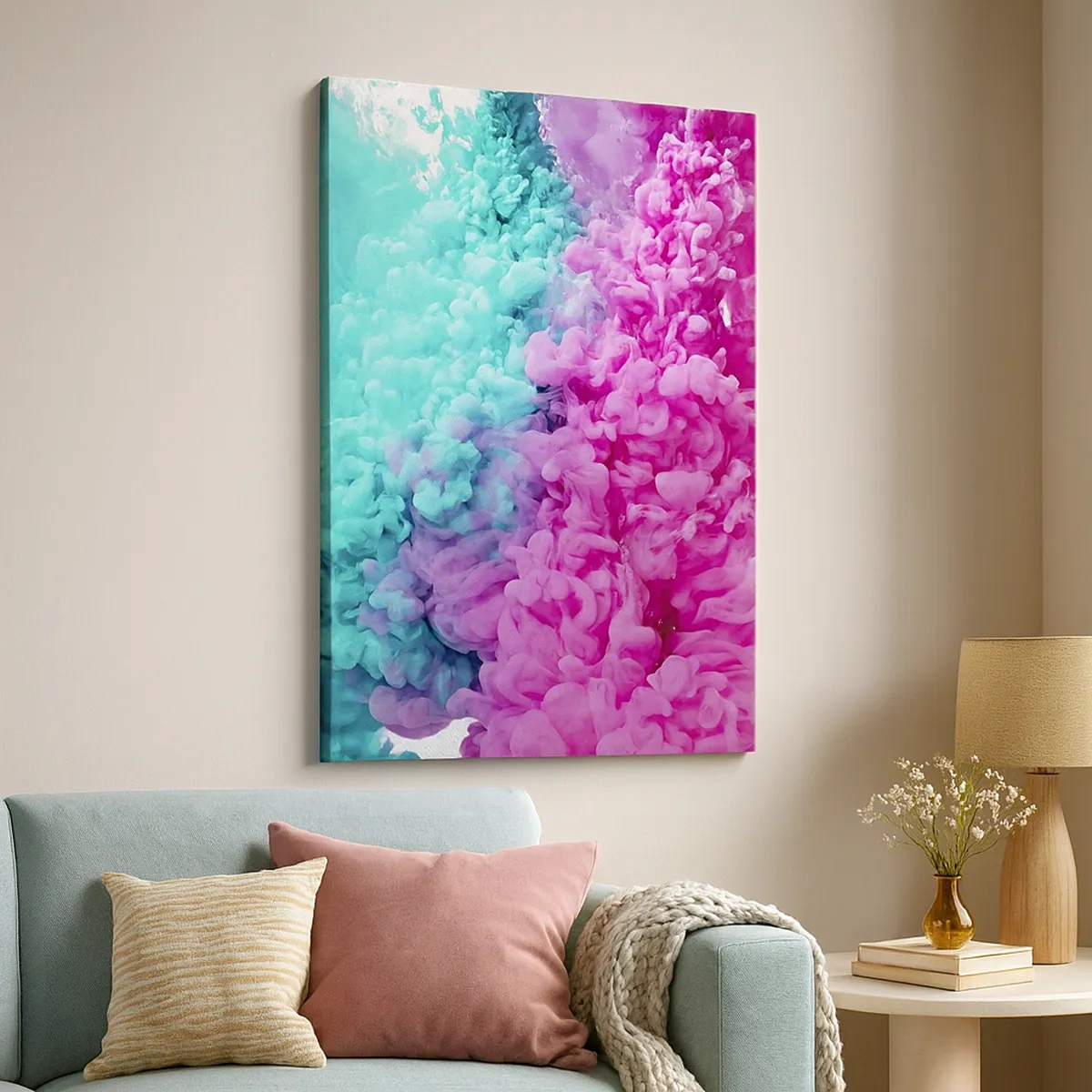 Bild auf Leinwand - Leinwandbild - Bunte Wellen aus Türkis und Pink in abstrakter Form - 50x70cm - Letzte Begegnung - Moderne Wanddekoration für Wohnzimmer und Schlafzimmer ARTTOR