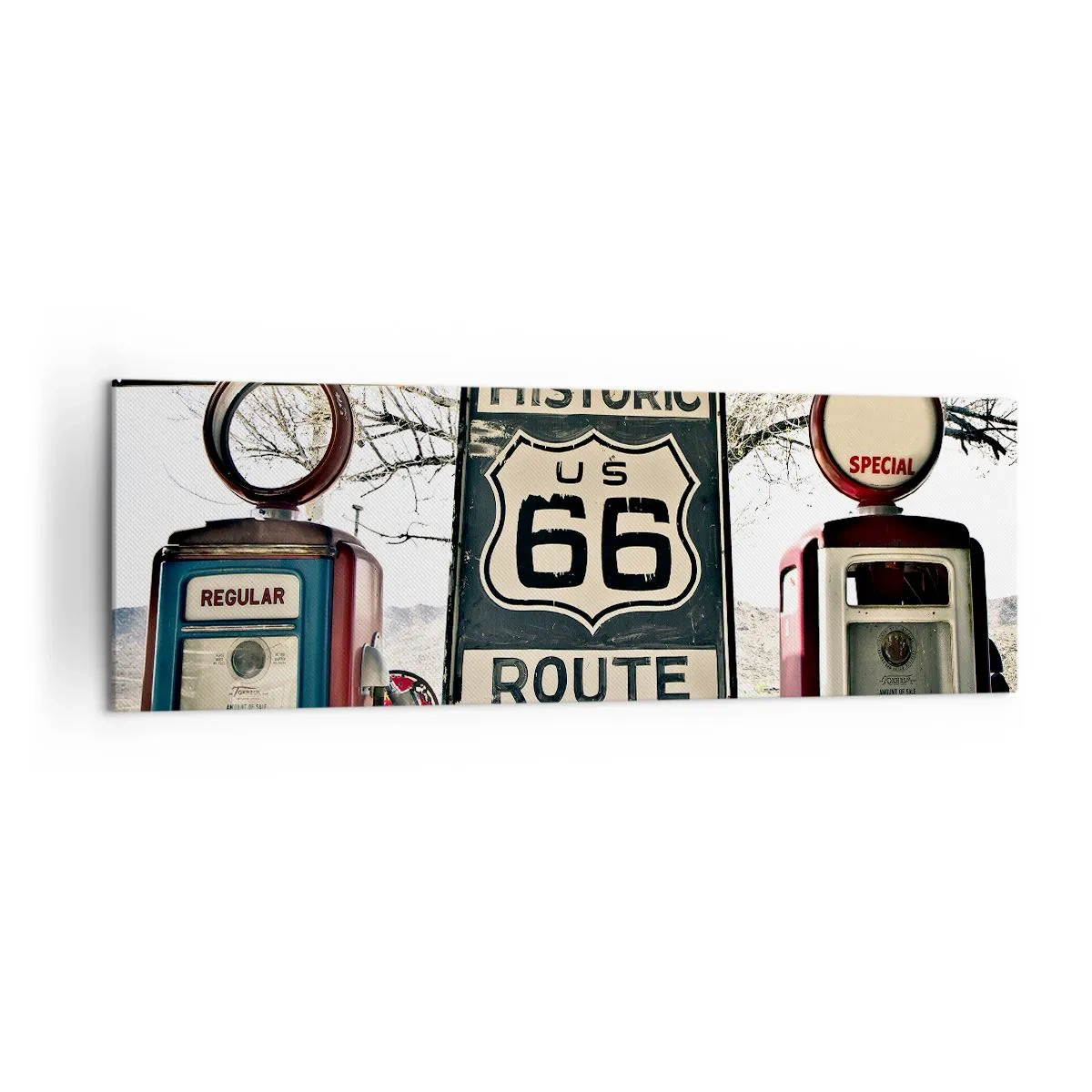 Bild auf Leinwand - Leinwandbild - Historische Tankstelle an der Route 66 - 160x50cm - Amerikanische Retro-Reise - Moderne Wanddekoration für Wohnzimmer und Schlafzimmer ARTTOR
