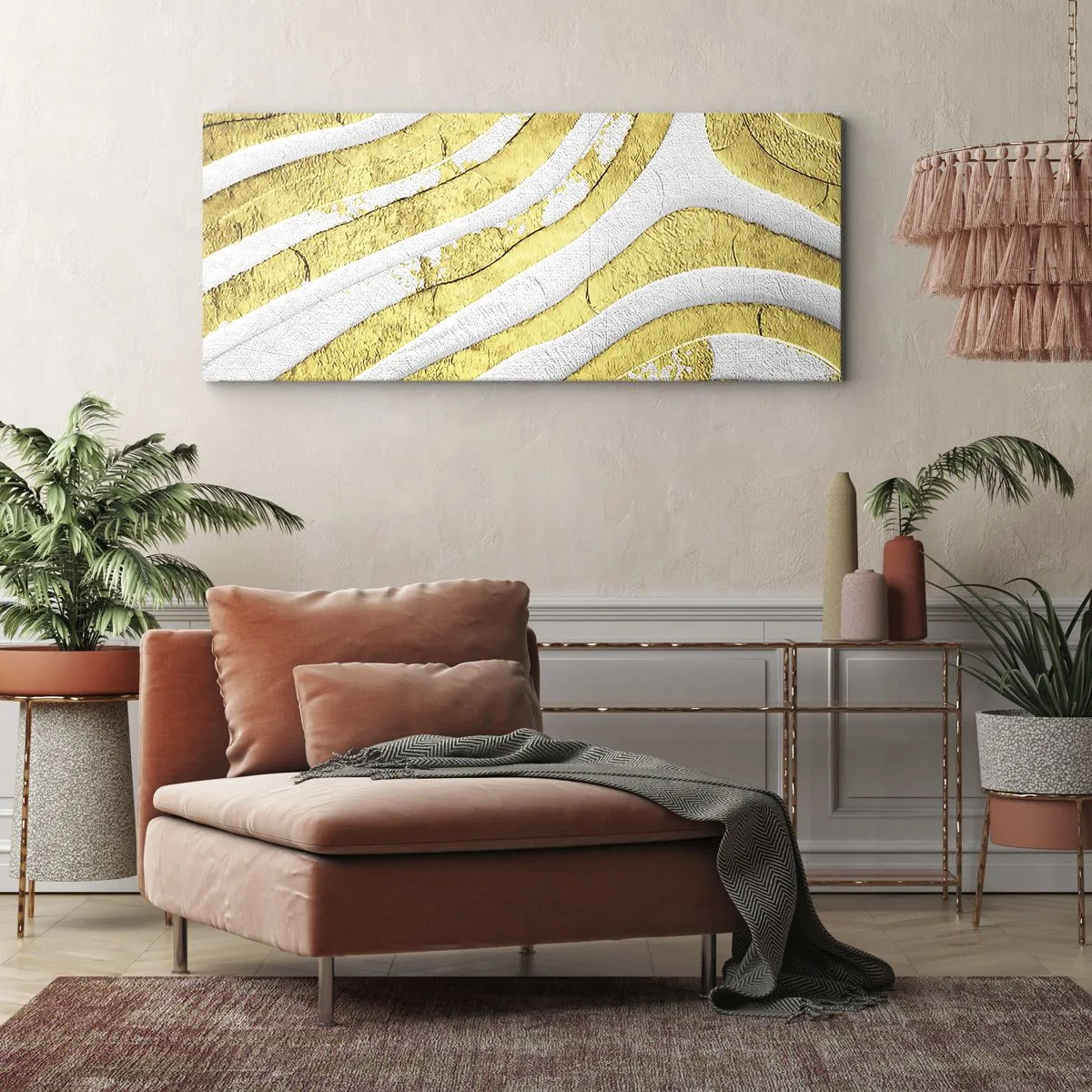 Bild auf Leinwand - Leinwandbild - Gold- und Weiß-abstrakte Linien in einer 3D-Textur - 140x50cm - Komposition in Weiß und Gold - Moderne Wanddekoration für Wohnzimmer und Schlafzimmer ARTTOR