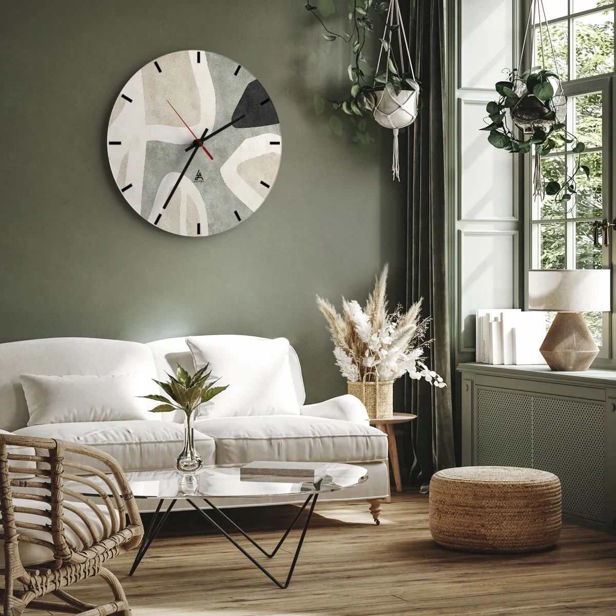 Wanduhr - Glasuhr - Komposition mit schwarzem Motiv - 40x40 cm