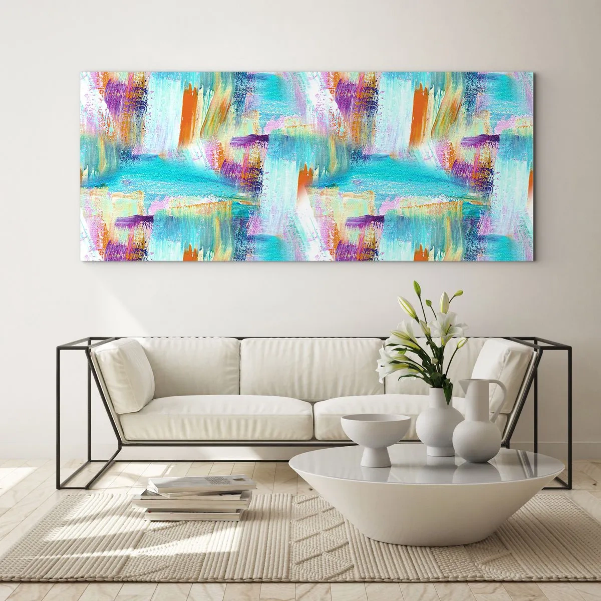 Glasbild - Bild auf glas - Farbenfrohe Abstraktion mit dynamischen Pinselstrichen - 120x50cm - Fröhlicher Labyrinth-Liner - Moderne Wanddekoration für Wohnzimmer und Schlafzimmer ARTTOR