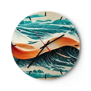 Wanduhr - Glasuhr - Meereswellen mit einem orangefarbenen Band in einer dynamischen Komposition - 30x30cm - Traum eines Surfers - Moderne Wanddekoration für Wohnzimmer, Küche und Schlafzimmer ARTTOR