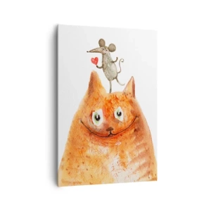 Bild auf Leinwand - Leinwandbild - Eine Zeichnung einer Katze mit einer Maus auf dem Kopf, die ein Herz hält - 70x100cm - Paradoxien der Liebe - Moderne Wanddekoration für Wohnzimmer und Schlafzimmer ARTTOR