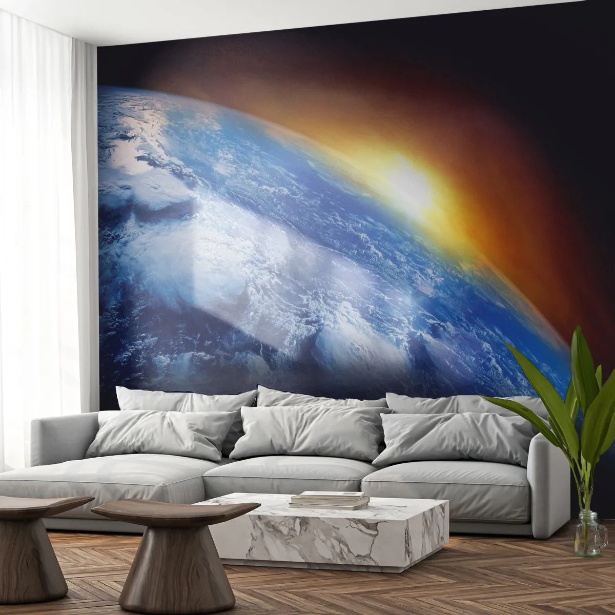 Selbstklebende Fototapete Deluxe Sticker - Sonnenaufgang über dem blauen Planeten - Abstraktion, 3D, Kosmos - 200x140 cm