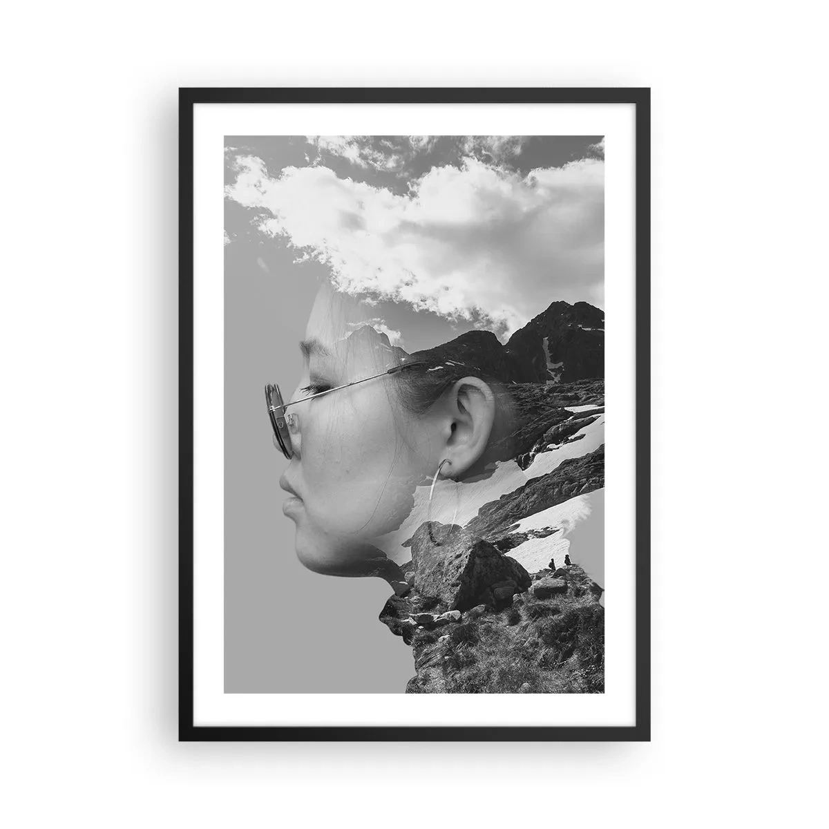 Poster in einem schwarzem Rahmen - Schwarz-Weiß-Porträt mit Berglandschaft und Wolken - 50x70cm - Top und bewölktes Porträt - Moderne Wanddekoration für Wohnzimmer und Schlafzimmer ARTTOR