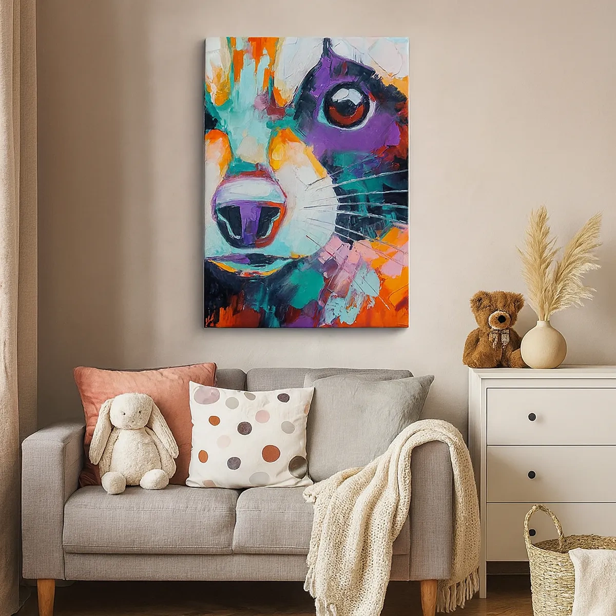 Bild auf Leinwand - Leinwandbild - Ein farbenfrohes Porträt eines Waschbären im Stil der expressiven Malerei. - 50x70cm - Nur gute Emotionen - Moderne Wanddekoration für Wohnzimmer und Schlafzimmer ARTTOR