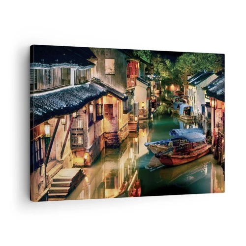 Bild auf Leinwand - Leinwandbild - Nachtansicht der Kanäle mit traditionellen Booten und Häusern - 70x50cm - Ein Abend auf einer chinesischen Straße - Moderne Wanddekoration für Wohnzimmer und Schlafzimmer ARTTOR