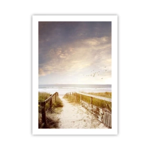 Poster - Weg zum Strand bei Sonnenuntergang mit vorbeifliegenden Vögeln - 50x70cm - Ein Raum des Friedens - Moderne Wanddekoration für Wohnzimmer und Schlafzimmer ARTTOR