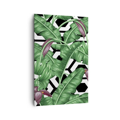Bild auf Leinwand - Leinwandbild - Tropische Blätter auf geometrischem Hintergrund - 80x120cm - Von Natur aus eine symmetrische Komposition - Moderne Wanddekoration für Wohnzimmer und Schlafzimmer ARTTOR