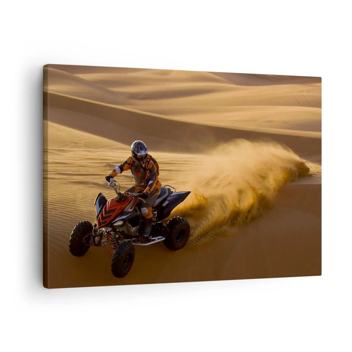 Bild auf Leinwand - Leinwandbild - Ein Motorradfahrer auf einem Quad rast über die Sanddünen der Wüste - 70x50cm - Auf den Sandwellen - Moderne Wanddekoration für Wohnzimmer und Schlafzimmer ARTTOR