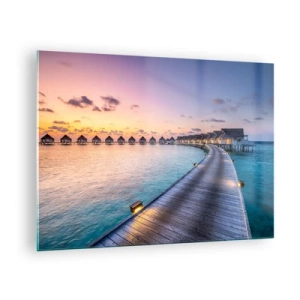 Glasbild - Bild auf glas - Holzsteg, der bei Sonnenuntergang zu luxuriösen Cottages am Wasser führt - 70x50cm - Urlaub - zurück zu den Quellen - Moderne Wanddekoration für Wohnzimmer und Schlafzimmer ARTTOR