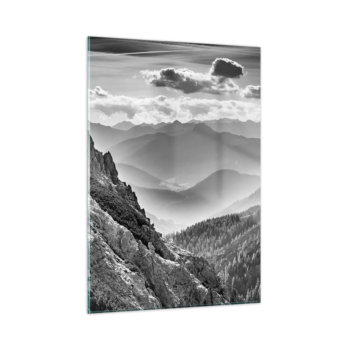 Glasbild - Bild auf glas - Schwarz-weißes Bergpanorama mit Blick ins Tal - 50x70cm - Bis zum Horizont - Moderne Wanddekoration für Wohnzimmer und Schlafzimmer ARTTOR