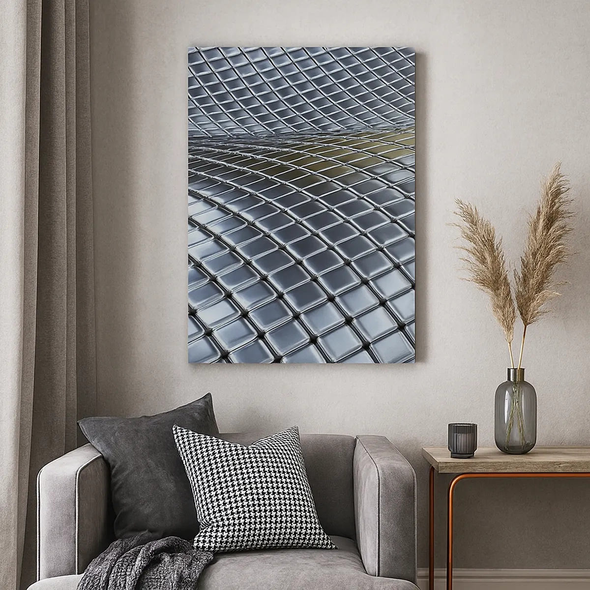 Bild auf Leinwand - Leinwandbild - Moderne Struktur aus metallischen Quadraten - 50x70cm - Metallische silberne Welle - Moderne Wanddekoration für Wohnzimmer und Schlafzimmer ARTTOR
