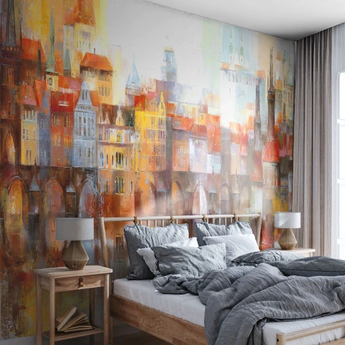 Fototapete Premium Canvas - Ein malerisches Panorama der Stadt mit einer Brücke in Herbstfarben - 100x70cm - Schön ist es auch unter der Brücke - Moderne Wanddekoration für Wohnzimmer und Schlafzimmer ARTTOR