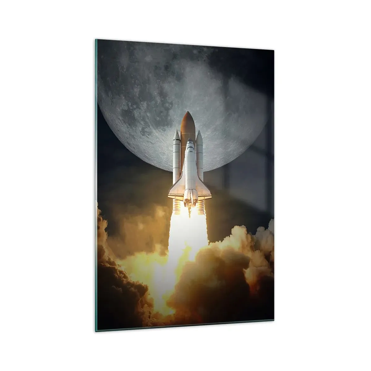 Glasbild - Bild auf glas - Eine Rakete hebt vor dem Hintergrund eines Vollmonds ab, umgeben von dynamischen Wolken. - 70x100cm - Beginn eines überirdischen Abenteuers - Moderne Wanddekoration für Wohnzimmer und Schlafzimmer ARTTOR