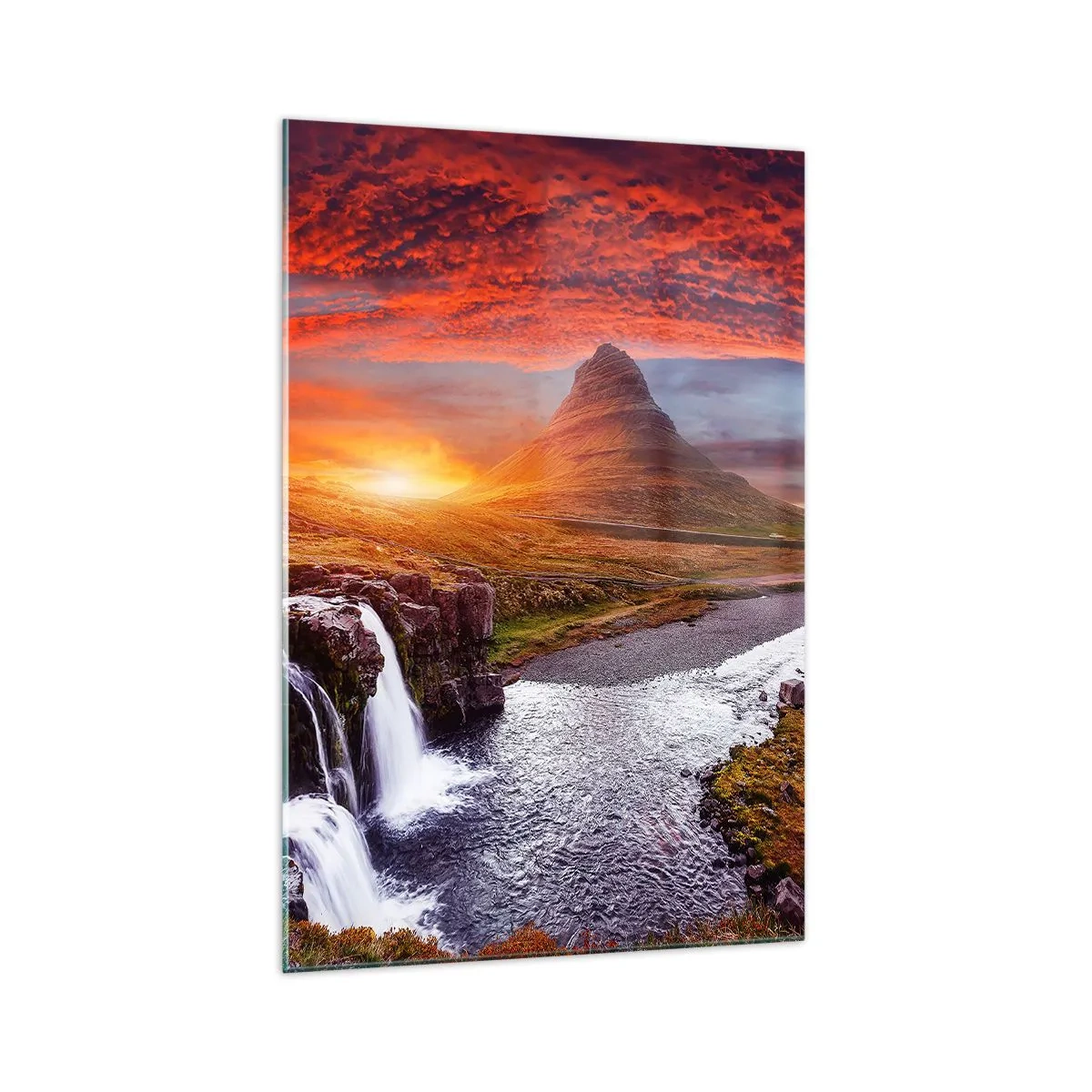 Glasbild - Bild auf glas - Berglandschaft mit Wasserfall bei Sonnenuntergang - 70x100cm - Ein Blick auf Mittelerde - Moderne Wanddekoration für Wohnzimmer und Schlafzimmer ARTTOR