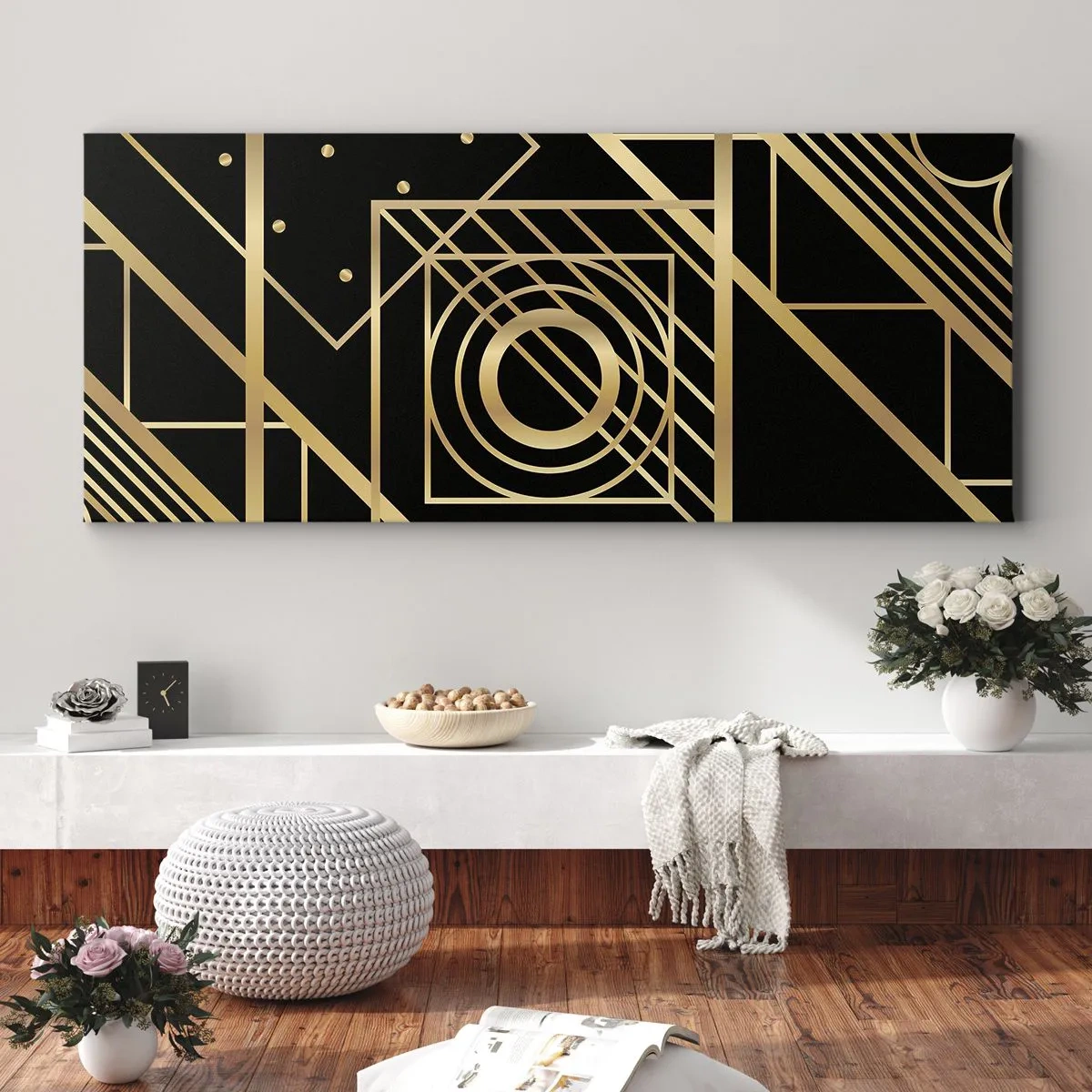 Bild auf Leinwand - Leinwandbild - Goldene geometrische Muster auf schwarzem Hintergrund - 140x50cm - Goldene Geometrie - Moderne Wanddekoration für Wohnzimmer und Schlafzimmer ARTTOR
