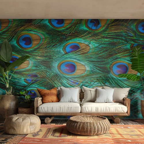 Fototapete Standard Eco - Detail von Pfauenfedern mit einem unverwechselbaren Augenmuster und Farben - 100x70cm - Ein Blick mit Pfauenaugen - Moderne Wanddekoration für Wohnzimmer und Schlafzimmer ARTTOR