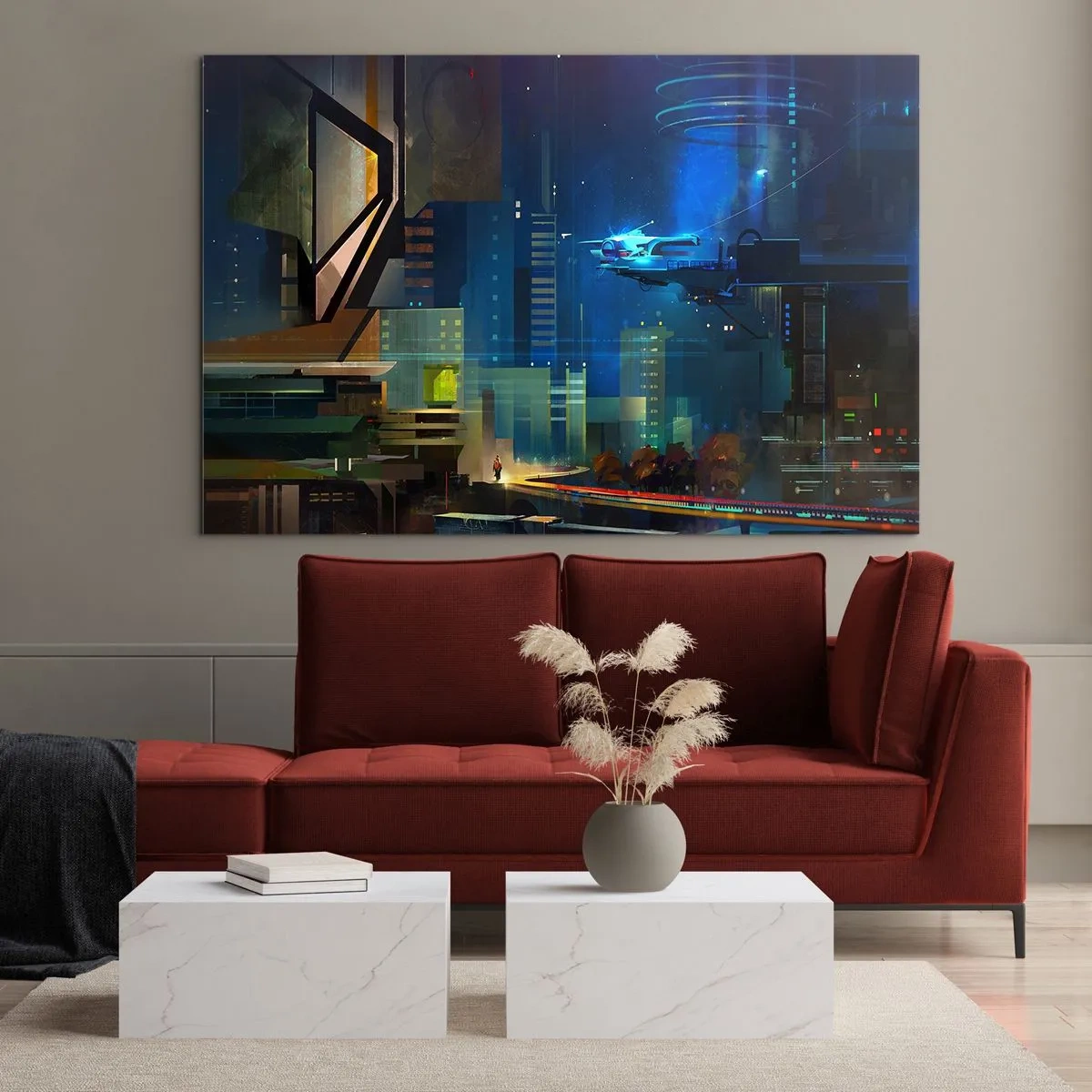 Glasbild - Bild auf glas - Futuristische Stadt bei Nacht mit Neonlichtern und einem fliegenden Fahrzeug - 100x70cm - In naher Zukunft - Moderne Wanddekoration für Wohnzimmer und Schlafzimmer ARTTOR